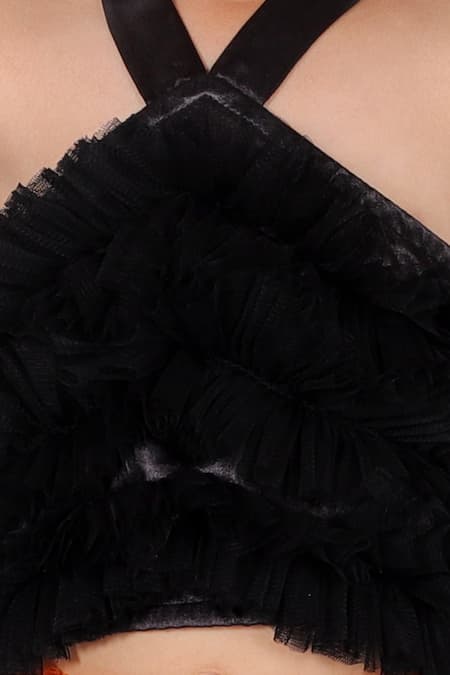 Lil Drama_Black Net Sequins Ruffle Top And Skirt Set _at_Aza_Fashions