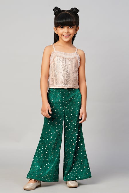 Lil Drama_Green Silk, Velvet Sequins, Embroidery Embellished Top With Pant _Online_at_Aza_Fashions