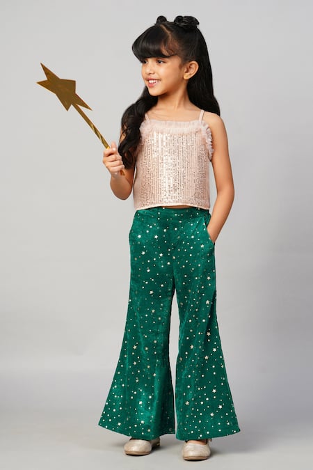 Buy_Lil Drama_Green Silk, Velvet Sequins, Embroidery Embellished Top With Pant _Online_at_Aza_Fashions