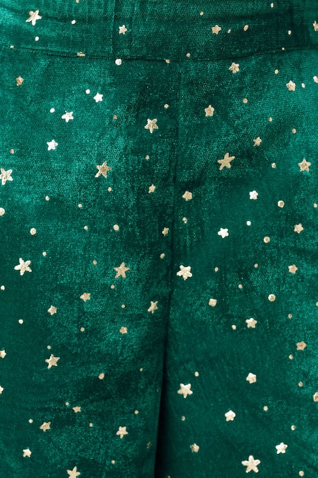 Lil Drama_Green Silk, Velvet Sequins, Embroidery Embellished Top With Pant _at_Aza_Fashions