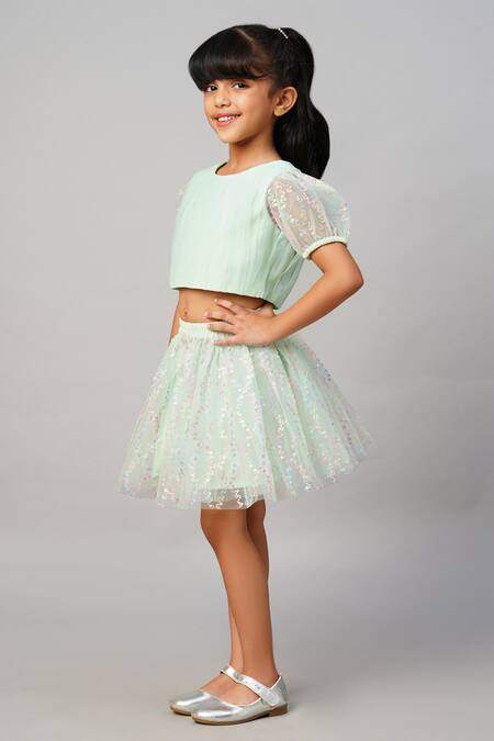 Lil Drama_Green Net Sequins Top With Embellished Skirt _Online_at_Aza_Fashions
