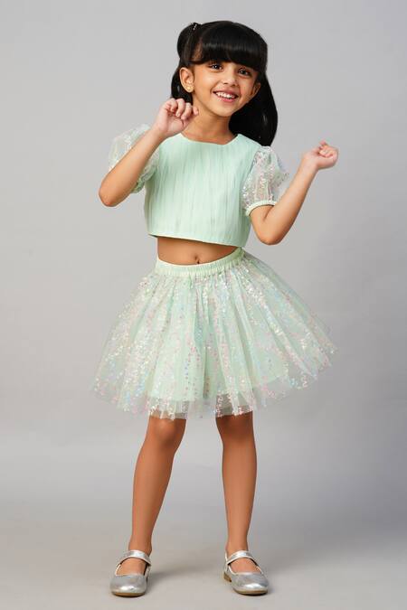 Buy_Lil Drama_Green Net Sequins Top With Embellished Skirt _Online_at_Aza_Fashions