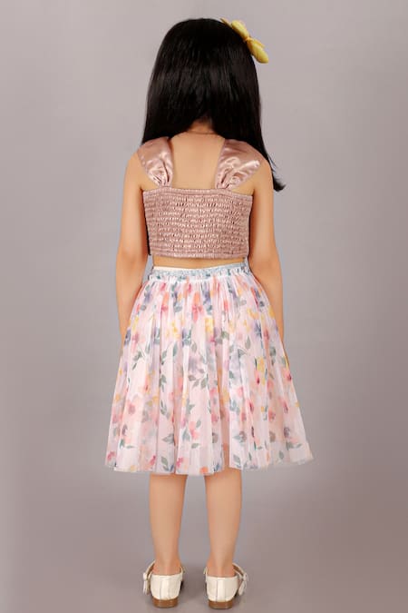 Shop_LIL DRAMA_Grey Satin Bows Rosette Top With Skirt _at_Aza_Fashions
