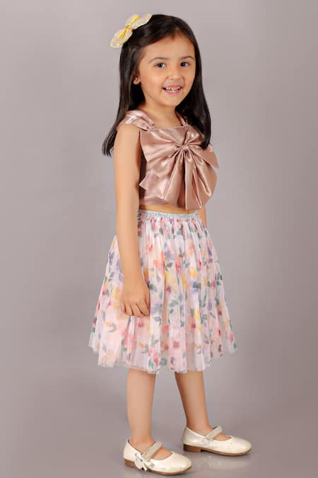LIL DRAMA_Grey Satin Bows Rosette Top With Skirt _Online_at_Aza_Fashions
