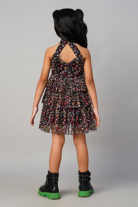 Shop_Lil Drama_Black Polyester Floral Print Halter Neck Dress _at_Aza_Fashions