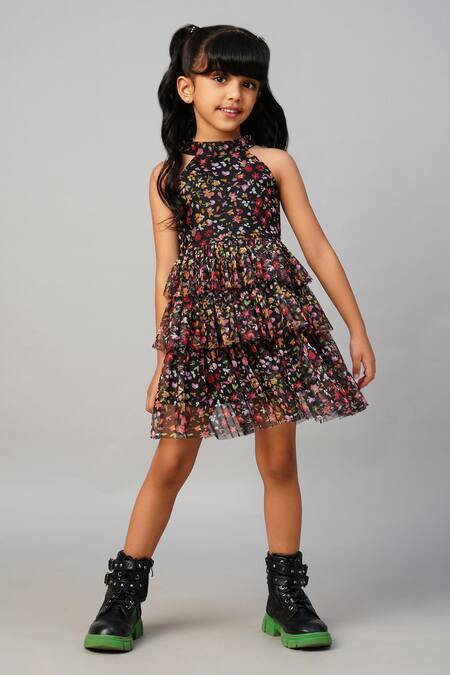 Lil Drama_Black Polyester Floral Print Halter Neck Dress _Online_at_Aza_Fashions