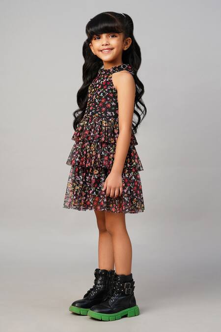 Buy_Lil Drama_Black Polyester Floral Print Halter Neck Dress _Online_at_Aza_Fashions