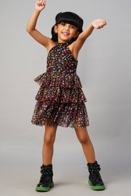 Shop_Lil Drama_Black Polyester Floral Print Halter Neck Dress _Online_at_Aza_Fashions
