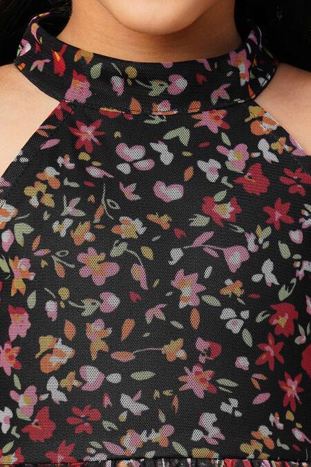 Lil Drama_Black Polyester Floral Print Halter Neck Dress _at_Aza_Fashions