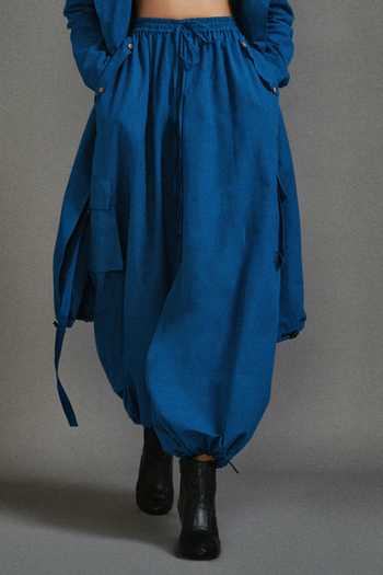 MATI_Blue Cotton Square Neck, Collared Safari Cargo Trench Jacket Pant Set _at_Aza_Fashions