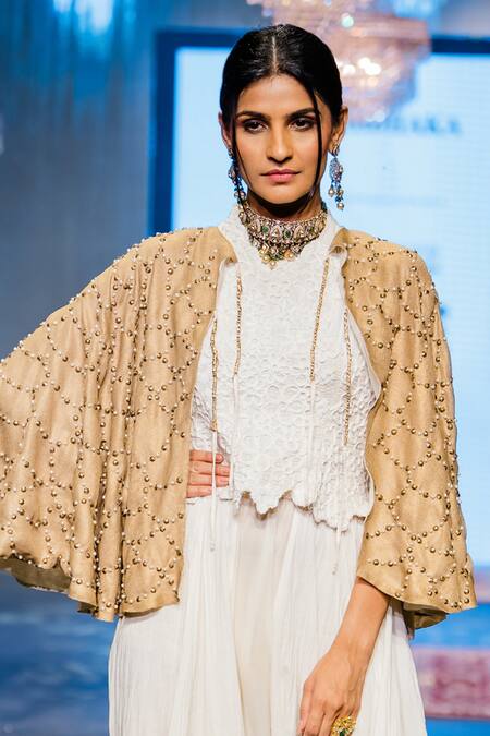 Rina Dhaka_Gold Cotton Sequins Halter Neck Alzir Embroidered Cape Sharara Set_Online_at_Aza_Fashions