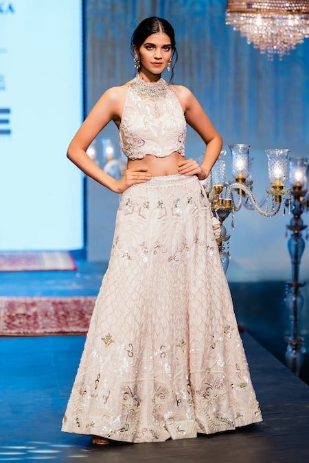 Shop Rina Dhaka Pink Chanderi Pearls, Embroidery, Mirrors, Lunar Celeste Lehenga With Blouse at Aza Fashions Shop_Rina Dhaka_Pink Chanderi Pearls, Embroidery, Mirrors, Lunar Celeste Lehenga With Blouse _at_Aza_Fashions