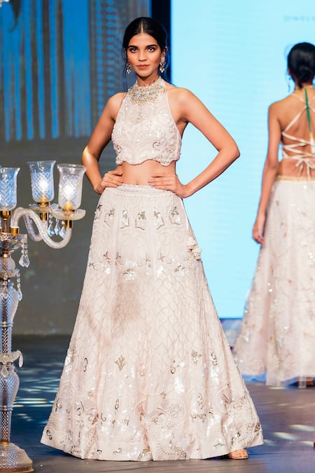Rina Dhaka Pink Chanderi Pearls, Embroidery, Mirrors, Lunar Celeste Lehenga With Blouse Online at Aza Fashions Rina Dhaka_Pink Chanderi Pearls, Embroidery, Mirrors, Lunar Celeste Lehenga With Blouse _Online_at_Aza_Fashions