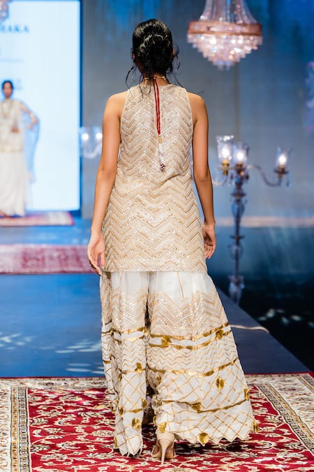 Shop Rina Dhaka Off White Organza Embroidery Gota Patti Chevron Sequin Blaze Kurta Sharara Set at Aza Fashions Shop_Rina Dhaka_Off White Organza Embroidery Gota Patti Chevron Sequin Blaze Kurta Sharara Set _at_Aza_Fashions