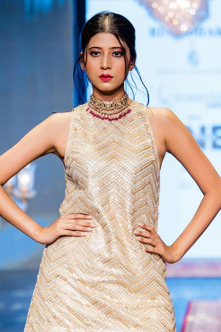 Rina Dhaka Off White Organza Embroidery Gota Patti Chevron Sequin Blaze Kurta Sharara Set Online at Aza Fashions Rina Dhaka_Off White Organza Embroidery Gota Patti Chevron Sequin Blaze Kurta Sharara Set _Online_at_Aza_Fashions