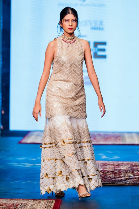 Buy Rina Dhaka Off White Organza Embroidery Gota Patti Chevron Sequin Blaze Kurta Sharara Set Online at Aza Fashions Buy_Rina Dhaka_Off White Organza Embroidery Gota Patti Chevron Sequin Blaze Kurta Sharara Set _Online_at_Aza_Fashions