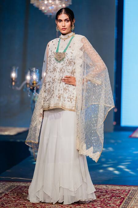 Shop Rina Dhaka Off White Net, Organza Sequins, Embroidery Mystic Periwinkle Kurta Lehenga Set Online at Aza Fashions Shop_Rina Dhaka_Off White Net, Organza Sequins, Embroidery Mystic Periwinkle Kurta Lehenga Set _Online_at_Aza_Fashions