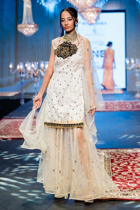 Rina Dhaka Paisley Mukaish Embroidered Kurta Lehenga Set 