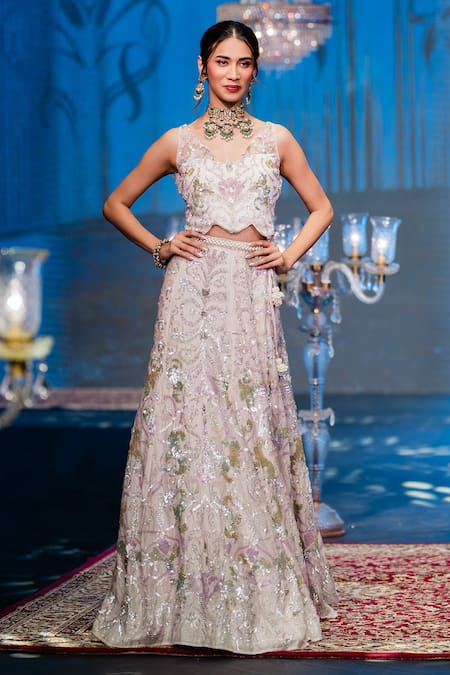 Shop Rina Dhaka Pink Chanderi Sequins V-neck Victoria Albert Museum Glazed Lehenga Blouse Set at Aza Fashions Shop_Rina Dhaka_Pink Chanderi Sequins V-neck Victoria Albert Museum Glazed Lehenga Blouse Set _at_Aza_Fashions