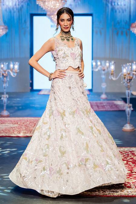 Rina Dhaka Pink Chanderi Sequins V-neck Victoria Albert Museum Glazed Lehenga Blouse Set Online at Aza Fashions Rina Dhaka_Pink Chanderi Sequins V-neck Victoria Albert Museum Glazed Lehenga Blouse Set _Online_at_Aza_Fashions