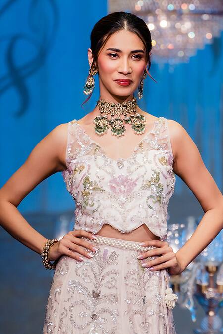 Shop Rina Dhaka Pink Chanderi Sequins V-neck Victoria Albert Museum Glazed Lehenga Blouse Set Online at Aza Fashions Shop_Rina Dhaka_Pink Chanderi Sequins V-neck Victoria Albert Museum Glazed Lehenga Blouse Set _Online_at_Aza_Fashions