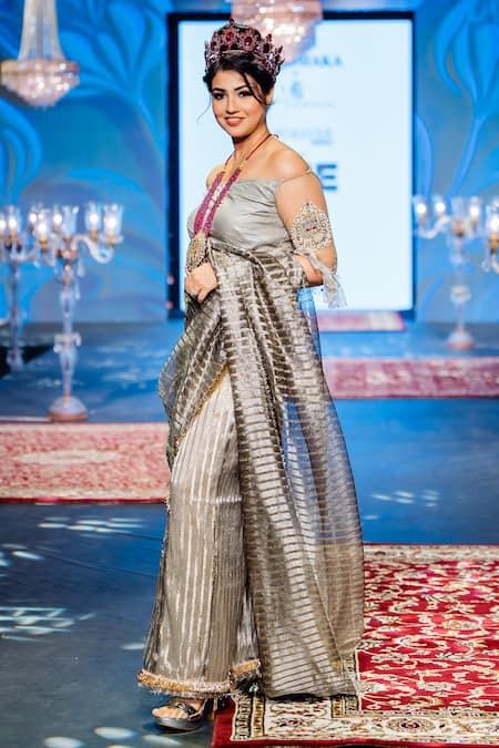 Shop Rina Dhaka Silver Linen Embroidery Zari Stripe Metallic Pre-draped Saree With Blouse at Aza Fashions Shop_Rina Dhaka_Silver Linen Embroidery Zari Stripe Metallic Pre-draped Saree With Blouse_at_Aza_Fashions