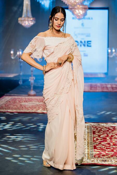 Rina Dhaka_Peach Georgette Embroidery Broderie Anglaise Off Pre-draped Saree With Blouse_Online_at_Aza_Fashions