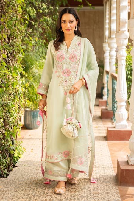 Buy Green Silk Embroidered Thread V-neck Manya Blossom Kurta Palazzo ...