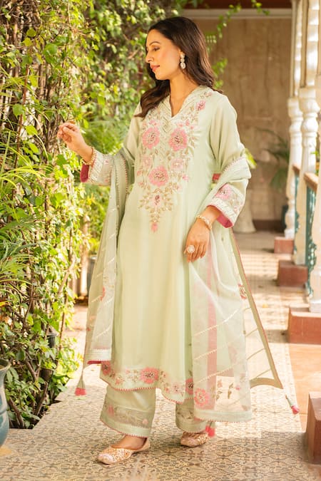 Ajiesh Oberoi_Green Silk, Organza, Cotton Embroidery V-neck Manya Blossom Kurta Palazzo Set _Online_at_Aza_Fashions
