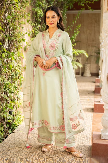Shop_Ajiesh Oberoi_Green Silk, Organza, Cotton Embroidery V-neck Manya Blossom Kurta Palazzo Set _Online_at_Aza_Fashions