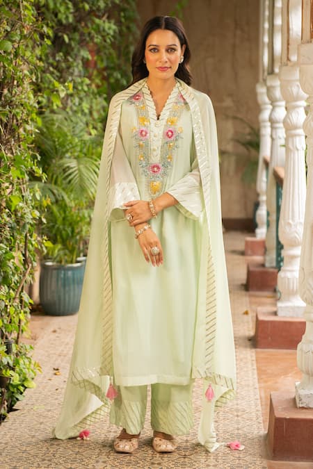 Buy Green Georgette Embroidered Thread Mehek Botanic Kurta Palazzo Set ...