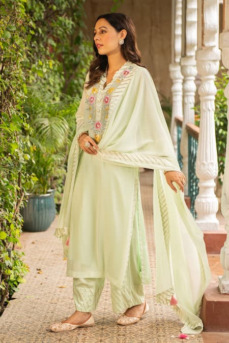 Buy_Ajiesh Oberoi_Green Georgette, Rayon, Muslin Embroidery Mehek Botanic Kurta Palazzo Set _Online_at_Aza_Fashions