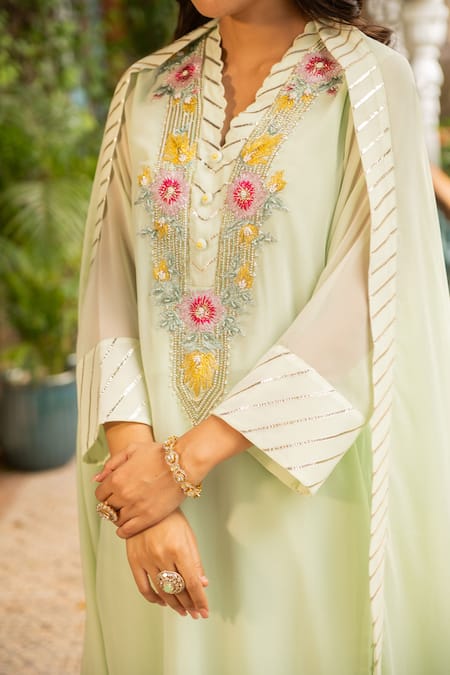 Shop_Ajiesh Oberoi_Green Georgette, Rayon, Muslin Embroidery Mehek Botanic Kurta Palazzo Set _Online_at_Aza_Fashions