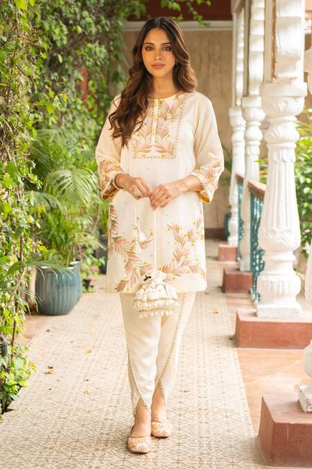 Ajiesh Oberoi Ivory Silk, Organza, Cotton, Muslin Nazakat Foliage Kurta Dhoti Pant Set Online at Aza Fashions Ajiesh Oberoi_Ivory Silk, Organza, Cotton, Muslin Nazakat Foliage Kurta Dhoti Pant Set _Online_at_Aza_Fashions