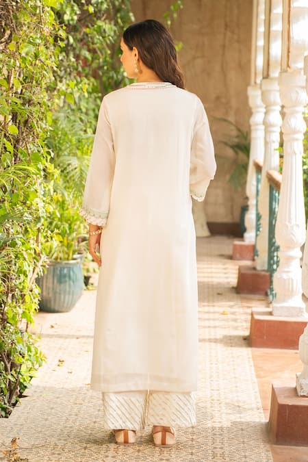 Shop_Ajiesh Oberoi_Ivory Georgette, Rayon, Muslin Sequins, Embroidery Puja Kurta Palazzo Set _at_Aza_Fashions