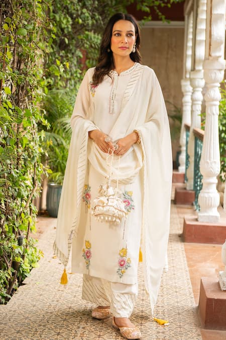Ajiesh Oberoi_Ivory Georgette, Rayon, Muslin Sequins, Embroidery Puja Kurta Palazzo Set _Online_at_Aza_Fashions