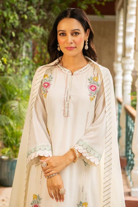 Buy_Ajiesh Oberoi_Ivory Georgette, Rayon, Muslin Sequins, Embroidery Puja Kurta Palazzo Set _Online_at_Aza_Fashions