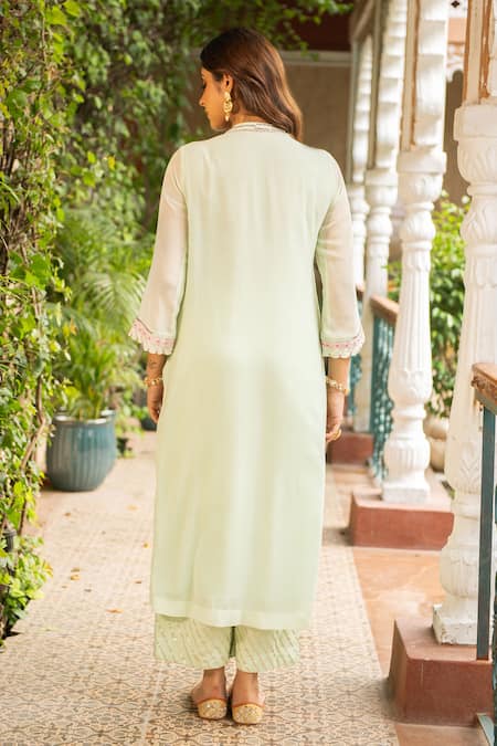 Shop Ajiesh Oberoi Green Georgette, Rayon, Muslin Sequins, Puja Floral Sequinwork Kurta Palazzo Set at Aza Fashions Shop_Ajiesh Oberoi_Green Georgette, Rayon, Muslin Sequins, Puja Floral Sequinwork Kurta Palazzo Set _at_Aza_Fashions