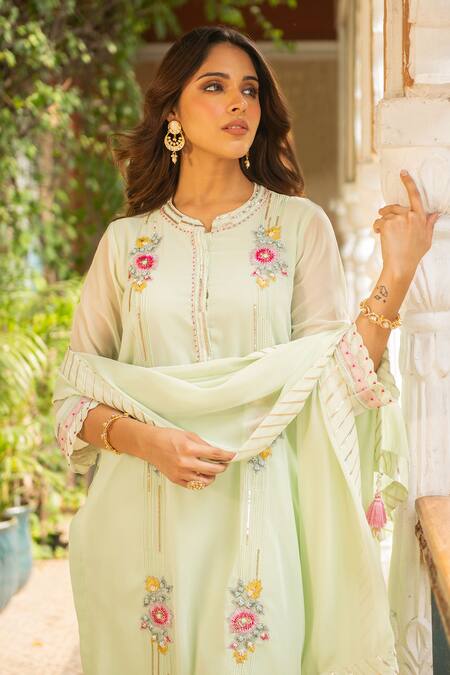 Buy Ajiesh Oberoi Green Georgette, Rayon, Muslin Sequins, Puja Floral Sequinwork Kurta Palazzo Set Online at Aza Fashions Buy_Ajiesh Oberoi_Green Georgette, Rayon, Muslin Sequins, Puja Floral Sequinwork Kurta Palazzo Set _Online_at_Aza_Fashions
