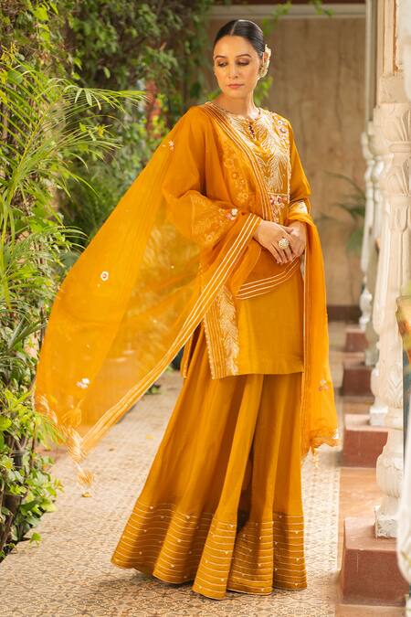 Buy_Ajiesh Oberoi_Yellow Silk, Organza, Muslin Embroidery, Cut Work Mustard Foliage Kurta Set _Online_at_Aza_Fashions