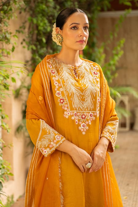 Shop_Ajiesh Oberoi_Yellow Silk, Organza, Muslin Embroidery, Cut Work Mustard Foliage Kurta Set _Online_at_Aza_Fashions