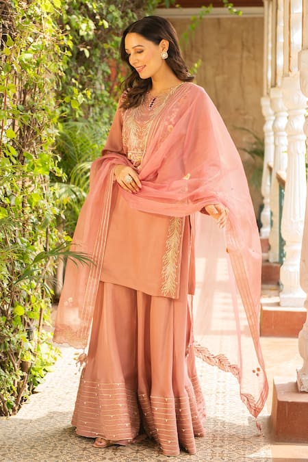 Ajiesh Oberoi_Pink Silk, Organza, Cotton, Muslin Embroidery, Cut Old Rose Kurta Sharara Set _Online_at_Aza_Fashions