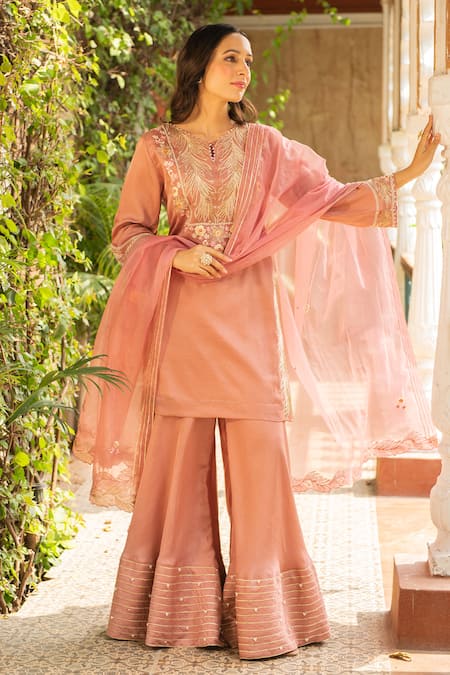 Buy_Ajiesh Oberoi_Pink Silk, Organza, Cotton, Muslin Embroidery, Cut Old Rose Kurta Sharara Set _Online_at_Aza_Fashions