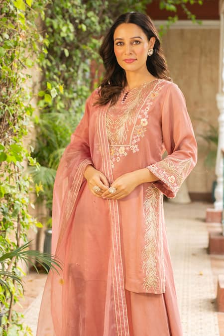 Shop_Ajiesh Oberoi_Pink Silk, Organza, Cotton, Muslin Embroidery, Cut Old Rose Kurta Sharara Set _Online_at_Aza_Fashions