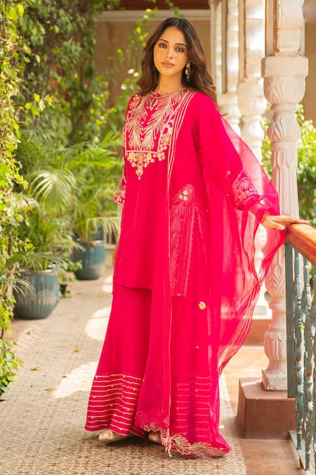Ajiesh Oberoi_Pink Silk, Organza, Muslin Embroidery, Cut Work Rani Floral Kurta Sharara Set _Online_at_Aza_Fashions