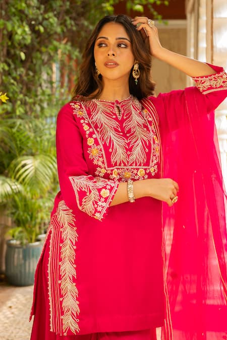 Buy_Ajiesh Oberoi_Pink Silk, Organza, Muslin Embroidery, Cut Work Rani Floral Kurta Sharara Set _Online_at_Aza_Fashions