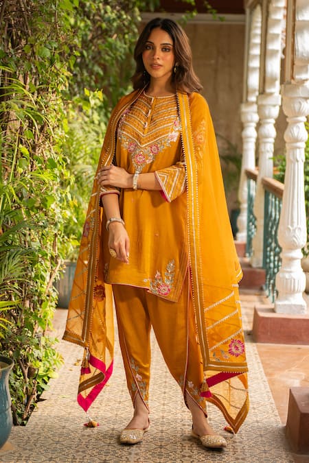 Ajiesh Oberoi_Yellow Silk, Organza, Cotton Embroidery Round Neck Mustard Kurta Dhoti Pant Set _Online_at_Aza_Fashions
