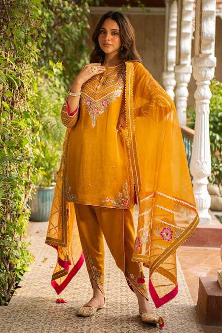Buy_Ajiesh Oberoi_Yellow Silk, Organza, Cotton Embroidery Round Neck Mustard Kurta Dhoti Pant Set _Online_at_Aza_Fashions