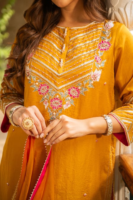 Shop_Ajiesh Oberoi_Yellow Silk, Organza, Cotton Embroidery Round Neck Mustard Kurta Dhoti Pant Set _Online_at_Aza_Fashions