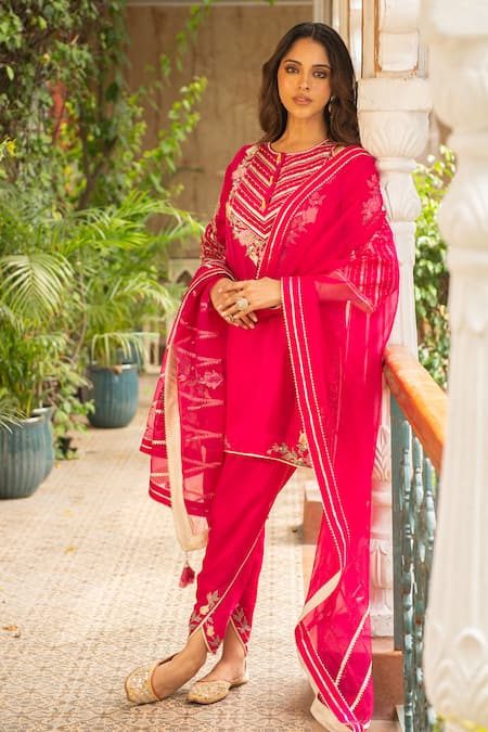 Ajiesh Oberoi_Pink Silk, Organza, Cotton Embroidery Roop Floral Jaal Kurta Dhoti Pant Set _Online_at_Aza_Fashions